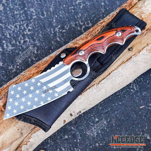 2PC CLEAVER Chrome American Flag FIXED Knife + BUCKSHOT Damascus Etched CLEAVER