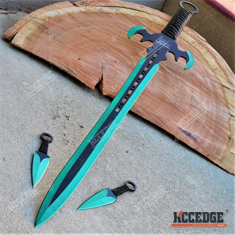 29.75" HERO EDGE FANTASY SWORD + 2 Throwing Knives DUAL BLADE Technicolor KATANA