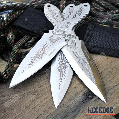 3PC 6.5" Dragon Etched Throwing Knife Set with Sheath Ninja Kunai Combat Sharp Throwers Outdoor Throwing 3 TYPES TO CHOOSE