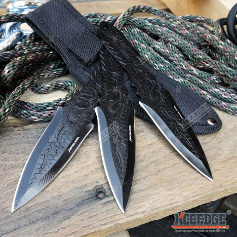 3PC 6.5" Dragon Etched Throwing Knife Set with Sheath Ninja Kunai Combat Sharp Throwers Outdoor Throwing 3 TYPES TO CHOOSE