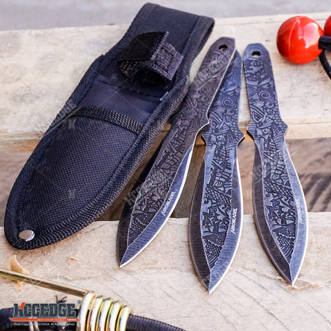 3PC 6 1/2" Ninja Kunai Throwers Etched Samurai Warrior Bushido Survival Hunting