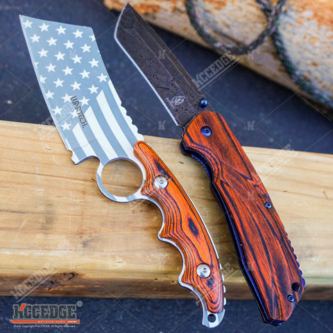 2PC COMBO Chrome American Flag FIXED CLEAVER + Damascus Etched TANTO CLEAVER