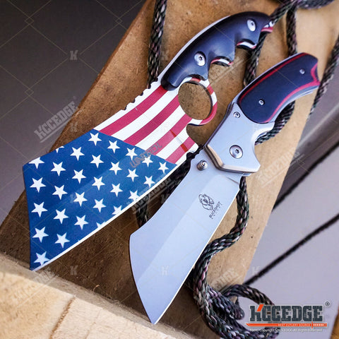 2PC Patriotic American Flag FIXED CLEAVER + Black w/ Red Folding Pocket CLEAVER