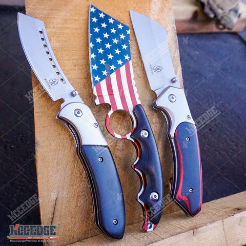3PC American Flag Fixed CLEAVER + SHAVER STYLE CLEAVER + FLIP Pocket CLEAVER