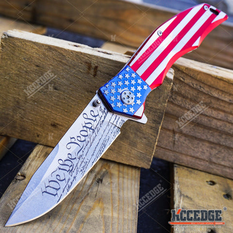 US FLAG OUTDOOR CAMPING 9" POCKET FOLDING KNIFE HUNTING RAZOR WE THE PEOPLE