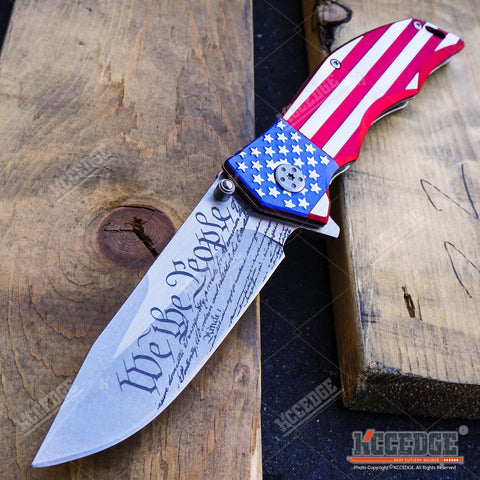 US FLAG OUTDOOR CAMPING 9" POCKET FOLDING KNIFE HUNTING RAZOR WE THE PEOPLE