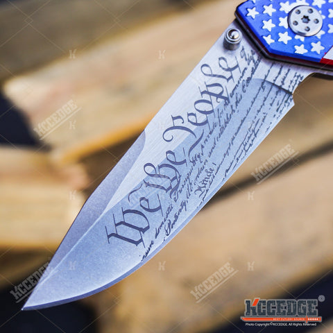 US FLAG OUTDOOR CAMPING 9" POCKET FOLDING KNIFE HUNTING RAZOR WE THE PEOPLE