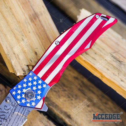 US FLAG OUTDOOR CAMPING 9" POCKET FOLDING KNIFE HUNTING RAZOR WE THE PEOPLE