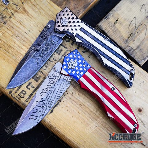 2PC USA PATRIOTIC COMBO 9" US FLAG We The People KNIFE + Don't Tread on Me KNIFE