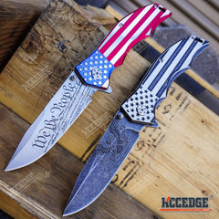 2PC USA PATRIOTIC COMBO 9" US FLAG We The People KNIFE + Don't Tread on Me KNIFE