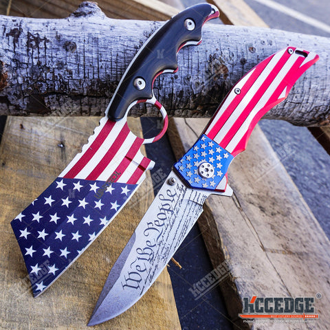 2PC PATRIOTIC SET US Flag CLEAVER + We The People Don't Tread on Me POCKET KNIFE