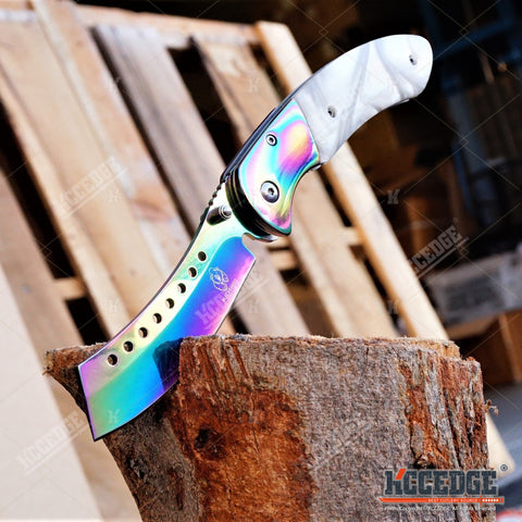 2 PC Rainbow Set CLEAVER SHAVER Style Folding Pocket Knife + EDC Mecha –  KCCEDGE