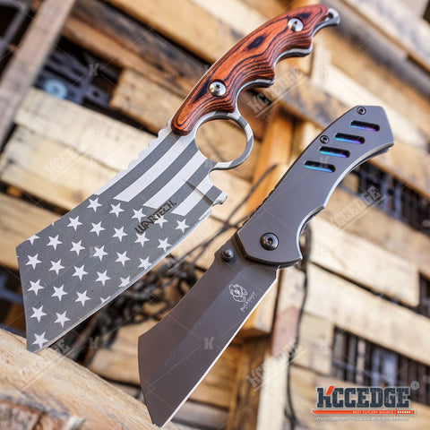 Little Cleaver Combo 2PC 6.5" Pocket CLEAVER + FIXED BLADE US Flag 8" CLEAVER
