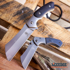 2PC Black Cleaver Set FIXED Cleaver + Mini Folding Pocket Cleaver