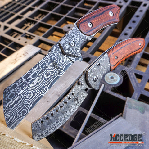 2PC Etched Damascus Cleaver Combo Set FIXED Cleaver + SHAVER STYLE CLEAVER