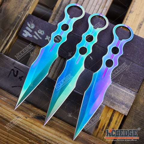 3PC 7.5" Technicolor Kunai Throwing Knife Set with Sheath Survival Combat Throwers