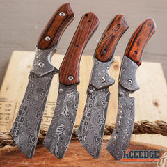4PC Damascus Etched Cleaver Set - 1 FIXED BLADE + 3 ASSISTED OPEN FOLDING KNIVES