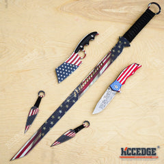 3PC USA FLAG COMBO 27" Ninja Sword + 8.25" CLEAVER + "We The People" 9" KNIFE