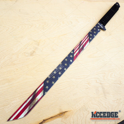 PROUD OF AMERICA US FLAG 27" Ninja Sword + 2 Throwing Knife TANTO Machete Katana