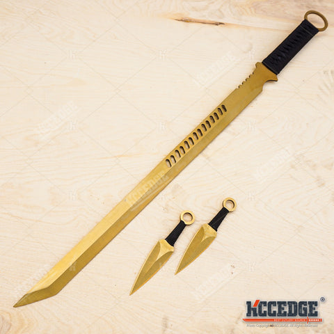 27" NINJA SWORD TANTO Machete + 2 Throwing Knife Full Tang Tactical Blade Katana