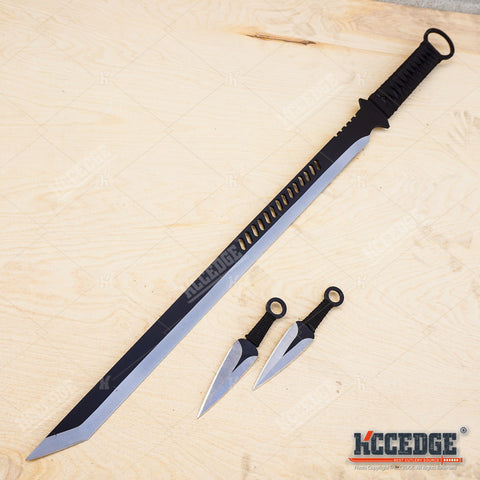 27 Two Tone Blade Ninja Machete Sword Black Cord Wrapped Handle, Including  Two Throwing Knives With Black Nylon Sheath