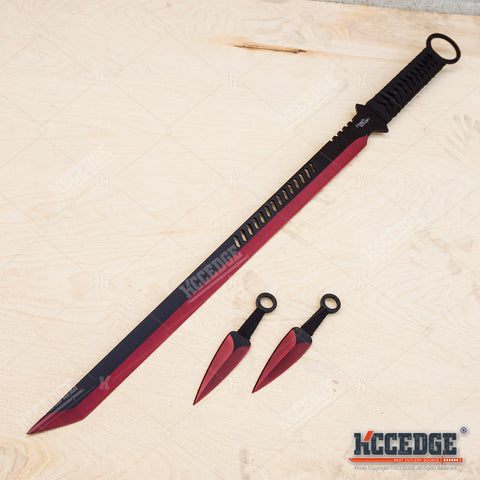 27" NINJA SWORD TANTO Machete + 2 Throwing Knife Full Tang Tactical Blade Katana