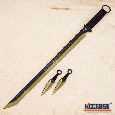 27 2pc Black Ninja Sword Set Full Tang Machete Tactical Katana w/ BACK  SHEATH