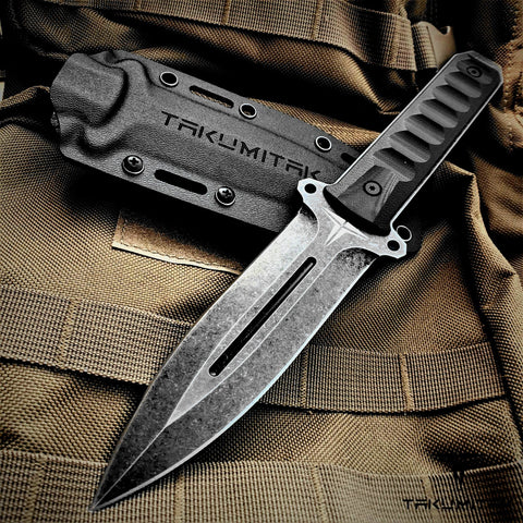 TAKUMITAK 11" Fixed Blade Knife Full Tang D2 Blade 4.71mm Spear Point Blade G10 Handle Kydex Sheath Hunting Knife