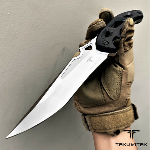 TAKUMITAK 10" Fixed Blade Knife Full Tang D2 Blade 4.82mm Tanto Recurve Blade G10 Handle Kydex Sheath Tactical Knife