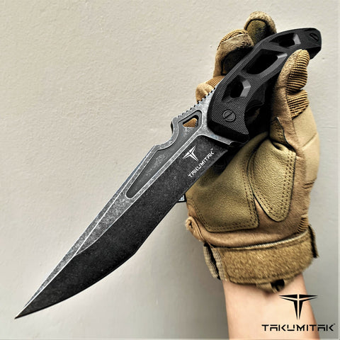 TAKUMITAK 10" Fixed Blade Knife Full Tang D2 Blade 4.82mm Tanto Recurve Blade G10 Handle Kydex Sheath Tactical Knife