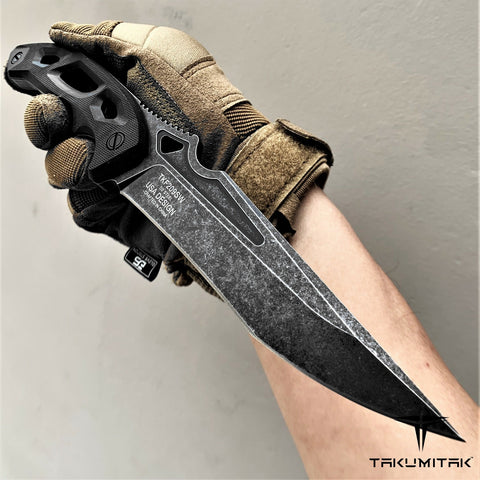 TAKUMITAK 10" Fixed Blade Knife Full Tang D2 Blade 4.82mm Tanto Recurve Blade G10 Handle Kydex Sheath Survival Knife Emergency Knife