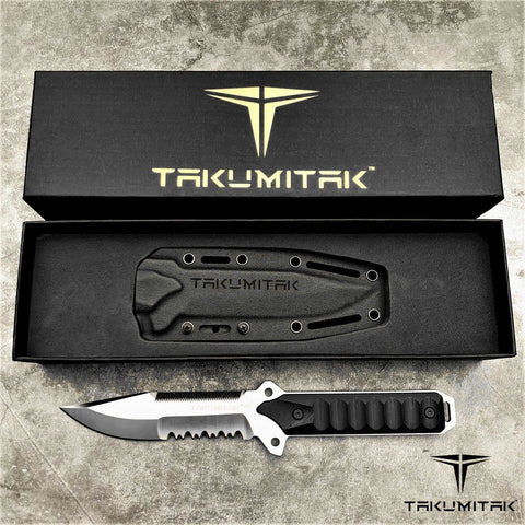 Takumitak 11" Fixed Blade Knife Full Tang Serrated D2 Blade 4.71mm Clip Point Blade G10 Handle Kydex Sheath Survival Knife Rescue Knife EDC Bushcraft Go Bag Knife