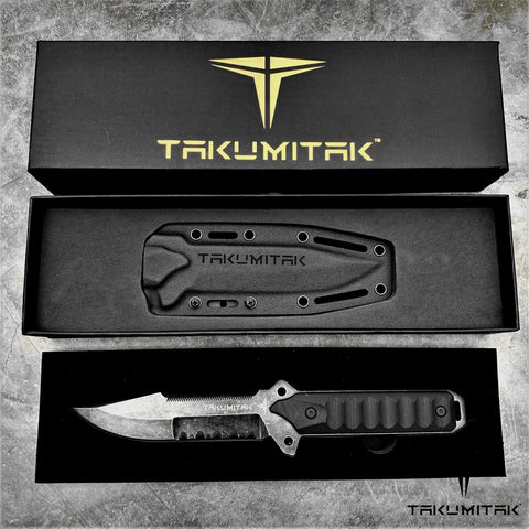 Takumitak 11" Fixed Blade Knife Full Tang Serrated D2 Blade 4.71mm Clip Point Blade G10 Handle Kydex Sheath Survival Knife Rescue Knife EDC Bushcraft Go Bag Knife