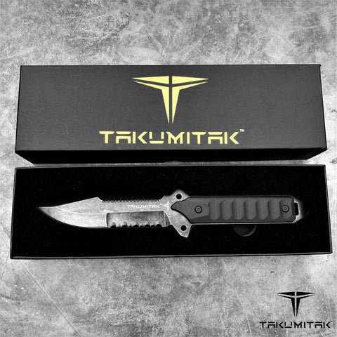 Takumitak 11" Fixed Blade Knife Full Tang Serrated D2 Blade 4.71mm Clip Point Blade G10 Handle Kydex Sheath Survival Knife Rescue Knife EDC Bushcraft Go Bag Knife