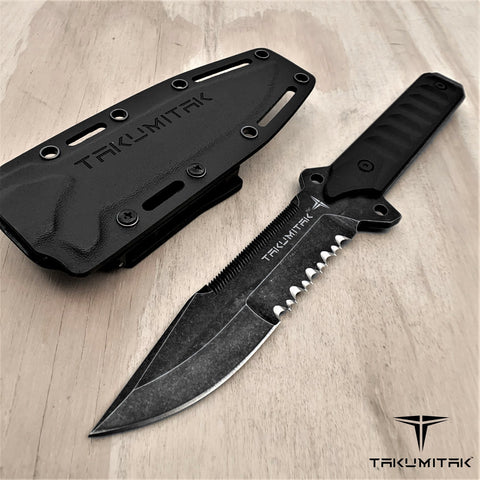 Takumitak 11" Fixed Blade Knife Full Tang Serrated D2 Blade 4.71mm Clip Point Blade G10 Handle Kydex Sheath Survival Knife Rescue Knife EDC Bushcraft Go Bag Knife