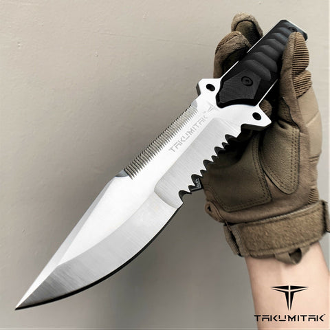 Takumitak 11" Fixed Blade Knife Full Tang Serrated D2 Blade 4.71mm Clip Point Blade G10 Handle Kydex Sheath Survival Knife Rescue Knife EDC Bushcraft Go Bag Knife