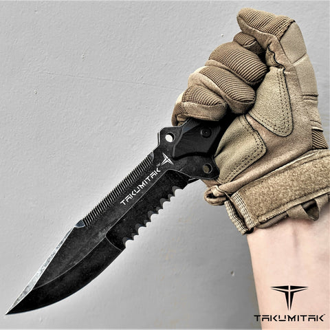 Takumitak 11" Fixed Blade Knife Full Tang Serrated D2 Blade 4.71mm Clip Point Blade G10 Handle Kydex Sheath Survival Knife Rescue Knife EDC Bushcraft Go Bag Knife