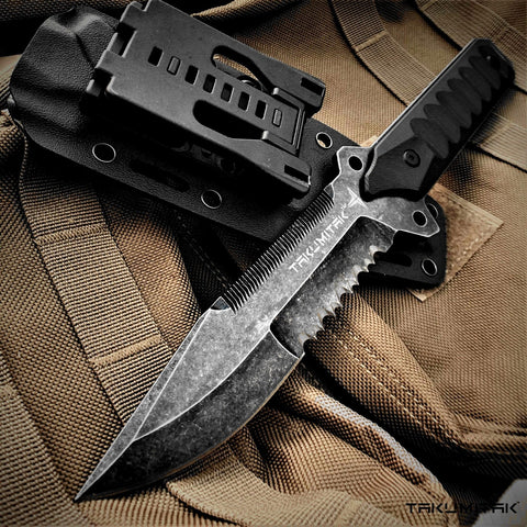 Takumitak 11" Fixed Blade Knife Full Tang Serrated D2 Blade 4.71mm Clip Point Blade G10 Handle Kydex Sheath Survival Knife Rescue Knife EDC Bushcraft Go Bag Knife