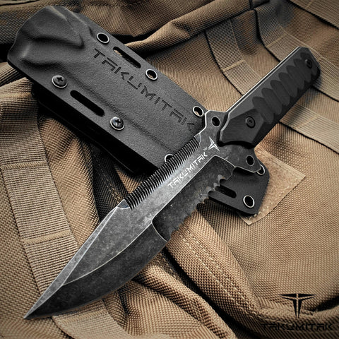 Takumitak 11" Fixed Blade Knife Full Tang Serrated D2 Blade 4.71mm Clip Point Blade G10 Handle Kydex Sheath Survival Knife Rescue Knife EDC Bushcraft Go Bag Knife