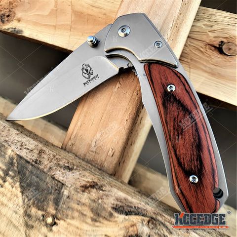 8" Pocket Knife With 3.5" Drop Point Blade Full Steel Handle With Wood Overlay On One Side