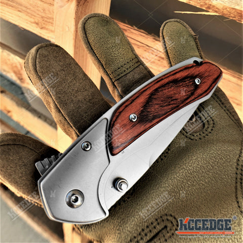 8" Pocket Knife With 3.5" Drop Point Blade Full Steel Handle With Wood Overlay On One Side