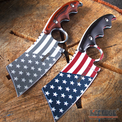 8 1/4" FIXED BLADE Patriotic American Flag CLEAVER Style FULL TANG CAMPING HUNTING Knife with Sheath