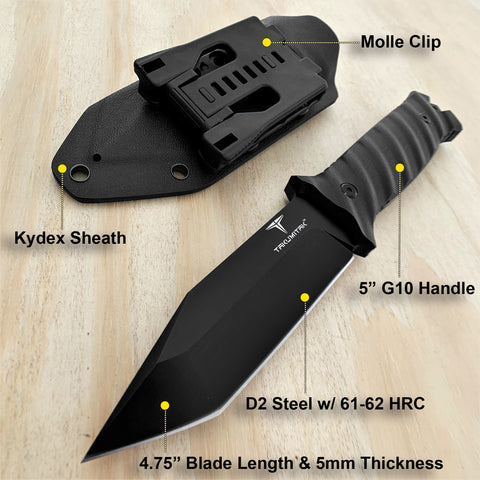 TAKUMITAK 9.75" Fixed Blade Knife D2 5mm Tanto Blade G10 & Kydex Sheath Tactical Knife