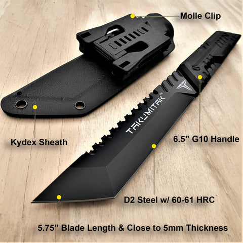 Takumitak 12.25" Fixed Blade Knife Full Tang D2 Blade 4.97mm Tanto Blade G10 Handle Kydex Sheath Tactical Knife EDC Bushcraft Go Bag Knife