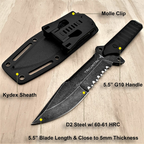 Takumitak 11" Fixed Blade Knife Full Tang Serrated D2 Blade 4.71mm Clip Point Blade G10 Handle Kydex Sheath Survival Knife Rescue Knife EDC Bushcraft Go Bag Knife