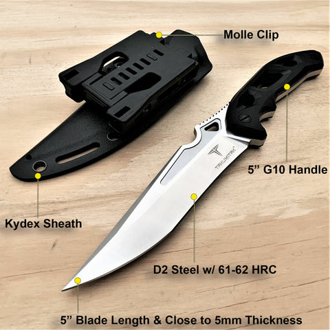 TAKUMITAK 10" Fixed Blade Knife Full Tang D2 Blade 4.82mm Tanto Recurve Blade G10 Handle Kydex Sheath Tactical Knife