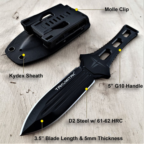 TAKUMITAK 8.75" Fixed Blade Knife Full Tang D2 6.21mm Spear Point Blade Kydex Sheath Survival Knife Throwing Knife