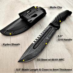 TAKUMITAK 11" Fixed Blade Knife Full Tang D2 Blade 4.79mm Drop Point Blade G10 Handle Kydex Sheath Emergency Knife Camping Knife EDC Bushcraft Go Bag Knife